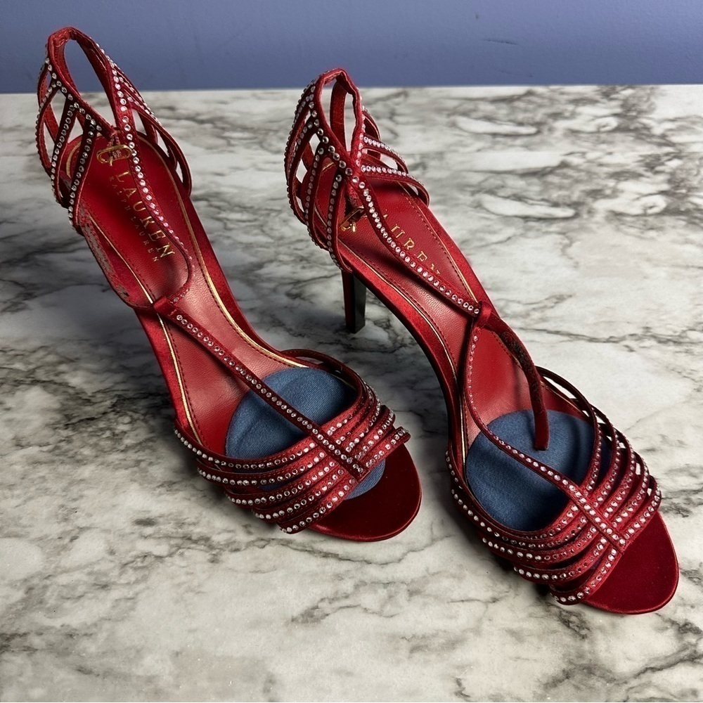 Lauren Ralph Lauren Red 3 1/2”Heels with Rhinestone Accessories Women’s Size 8.5
